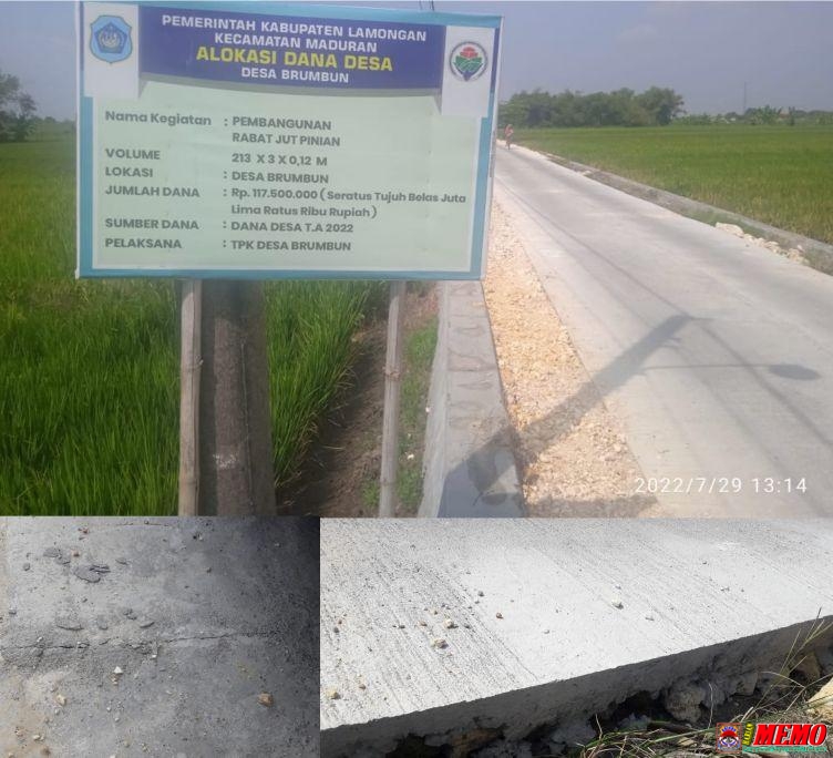 Proyek JUT Rabat Beton Desa Brumbun-Maduran Diduga Double Anggaran dan Tidak Sesuai RAB