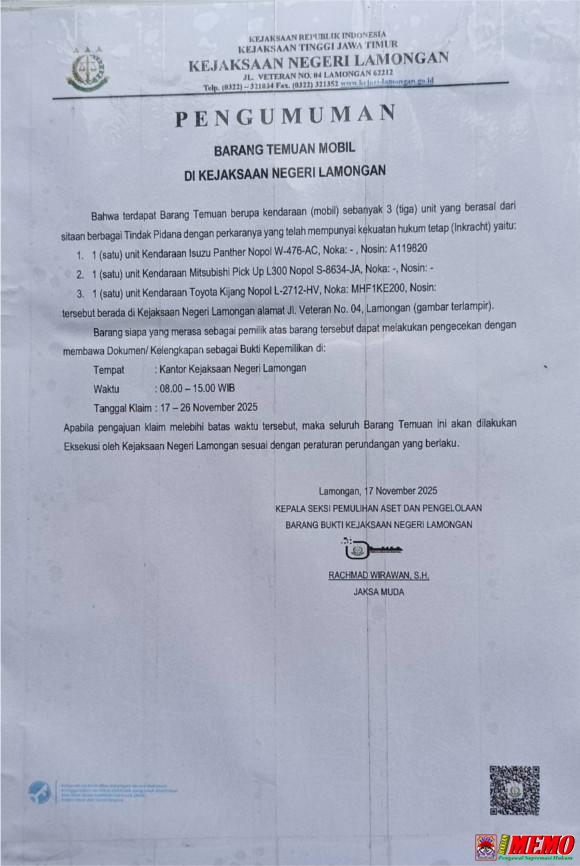 Segera Cek, 3 Unit Mobil Sitaan Kejari Lamongan Menanti Pemilik Sah, Bukti Kepemilikan Wajib Dibawa!