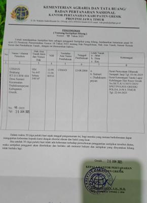 Telah Hilang Sertifikat Tanah Atas Nama Usman