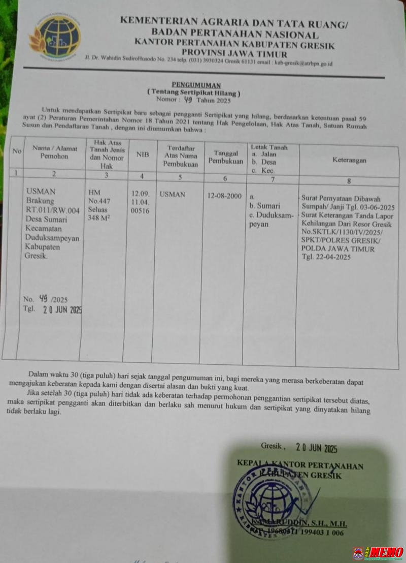Telah Hilang Sertifikat Tanah Atas Nama Usman